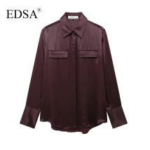 Edsa Frauen Satin hemd mit doppelten Klappen taschen lange Ärmel abgerundete asymmetrische Saum bluse einreihig verdeckt Knopf oben