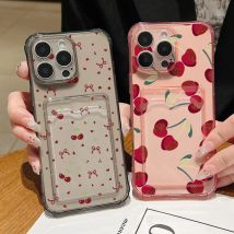 Kartensteckplatz-Taschenhülle für iPhone 17 Air 16e 16 15 14 13 Pro Max 11 12, stoßfeste rote Kirschmuster-weiche Silikon-Telefonabdeckung