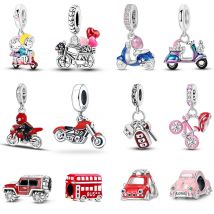 Pendenti con ciondoli per biciclette per auto sportive da moto in argento sterling 925 adatti ai braccialetti originali Qikaola, regali di gioielli di compleanno fai da te