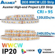 Luci di striscia LED Auxmer 2835 WWCW, 120LED/m 240LED/m,CRI>95 LED Flex Super luminoso DC12/24V,5m/reel,CCT 2400 ~ 6500K,IP20,3SDCM