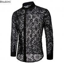 2026 Men's Lace Flower Embroidery Long Sleve Shirt Fashion Transparent Sexy Dress Shirts Male See Trough Club Party Shirts Top
