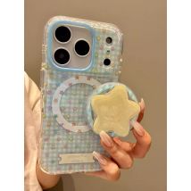 Cute Blue Grid Pattern Stars Magnetic Grip Tok Phone Case for iPhone 17 16 15 14 Pro Max Wireless Charge For Magsafe Cover