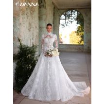 Modest High Collar A-line Lace Wedding Dress Elegant Long Sleeve Bridal Gown 2025 Customized White Dresses For Bride