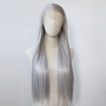 Silbergraue Perücke, synthetische Lace-Front-Perücke, lange, gerade, hellgraue Lace-Front-Synthetik-Perücke, vorgezupftes, hitzebeständiges Faserhaar
