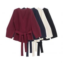 Women Fashion Shoulder Pad Belt Knit Blazer Women Retro V-neck Long Sleeve Versatile Female Coat 9598/128