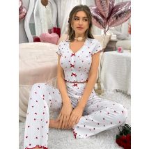 Frühling Herbst Coquette Pyjama Set Damen Y2K Niedlicher Herzdruck Geripptes V-Ausschnitt Crop Top Hosen Zweiteilige Loungewear Nachtwäsche Neu