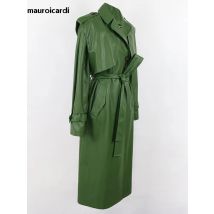 Mauroicardi Frühlings-Trenchcoat aus grünem Pu-Leder für Damen mit Schärpen mit Rückenschlitz, einreihig, elegante Luxuskleidung 2024