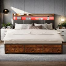 Letto Fangange in metallo con spazio di archiviazione a 4 cassetti e testiera a LED, struttura letto full size, struttura letto matrimoniale imbottita, senza materasso