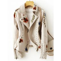 FTLZZ New Women Retro Floral Print Embroidery Faux Soft Leather Jacket Coat Turndown Collar Pu Moto Biker Black Punk Outerwear