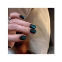 10Pcs Blackish Green press on Nail Tips with Cat Eye Design Shiny Nails Set Patch Artificial Acrylic Short Round Wearable Nails