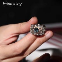 Foxanry Silber Farbe blau Zirkon Ringe für Frauen Paare Französisch elegante Mode Vintage Jubiläum Schmuck Accessoires Geschenke