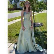 Satin Ballkleider Taschen drapierten Hals lange formelle Abendkleid Spaghetti träger eine Linie Brautjungfer Kleid schnüren sich zurück mit Schlitz