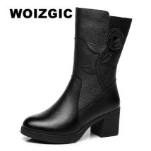 Woizgic Frauen weibliche Damen Mutter Echt leder Mid Calf Stiefel Schuhe warmes Fell Plüsch Winter Reiß verschluss Blume pendeln rutsch fest