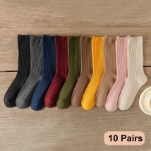 10Pairs Retro Frauen Baumwolle Lose Socken Herbst Winter Stricken Einfarbig Lange Schwarz Rosa Koreanische Japanische Student Mädchen