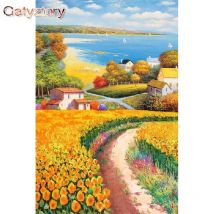 GATYZTORY pittura fai da te con i numeri girasole villaggio paesaggio dipinto a mano arte regalo scenario tela disegno decorazioni per la casa 60x75cm