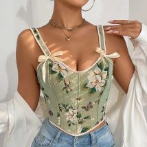Vintage Französisch Frauen Bustier Korsett Sexy Lace-Up Blumen Druck Push-Up Korsett Top Party Clubwear Mieder Y2k Mieder feminino