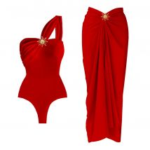 2 Stücke Schulter Badeanzug Sexy Frauen Bikini 2025 Cut Out Bademode Solide Rot Badeanzug Weibliche Biquini Body Strand Outfits
