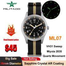 Militado ML07 Quartz Watches VH31/Miyota 2035 Movement Domed Sapphire Crystal Military Watch 100m Waterproof Luminous Mens Watch