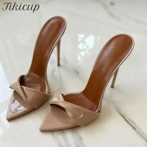 New Arrival Women's Slippers Nude Patent Leather Pointed Toe Stiletto Mules Elegant High Heel Slides for Party Catwalk Shoes