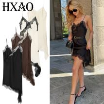HXAO Abito sottoveste asimmetrico in pizzo Abito da donna Abito estivo nero marrone Abiti da festa eleganti Abiti sexy senza maniche senza schienale