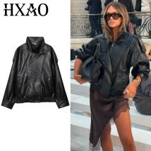 HXAO Black Faux Leather Jacket Women's Jackets New In Coats & Jackets Asymmetric Moto Biker Zipper Jacket Long Sleeve Outerwears