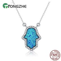TONGZHE Luxus Synthetische Opal Hamsa Hand Anhänger Halskette Sterling Silber 925 Schmuck Halskette Frauen Kabel Kette 16 "+ 2" Extender