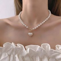 Neue Vintage Imitation Perle Halsband Kragen Perlen Halskette für Frauen Einfache OT Schnalle Herz Anhänger Schlüsselbein Kette Hals Schmuck
