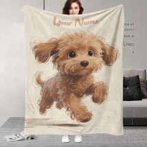 Benutzerdefinierter Name mit verspielter Welpenmuster-Decke, bezauberndes braunes lockiges Hunde-Design, perfektes Geburtstagsgeschenk für Hundeliebhaber