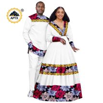 African Appliques Clothes Women Long Tutu Dresses Matching Couple Outfits Men Top and Pants Sets Dashiki Party Wedding 24C086