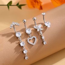 4-teiliges Set Lange Bauchnabelringe aus Edelstahl mit Herz- und Schmetterlingsdesign, 14G Gebogener Bauchnabelpiercing-Schmuck
