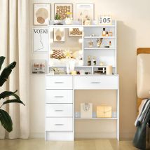 Teousev Weißes modernes Schminkset mit LED-Lampen, beleuchteter Schiebespiegel, 5 Schubladen, 3 Farben, dimmbar, stabiler Rahmen, Schlafzimmer-Make-up-Schreibtisch