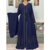 Muslim Open Abayas For Women 2024 Pure Boubou Set Diamonds Zipper Loose Femme Robe African Daily Prayer Dresses With Belt Turban