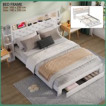 Anajqaqia Cama doble 140x200/160x200 cm Blanco con cajones de almacenamiento, iluminación LED, puertos USB y cargador UE