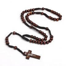 Katholische Holzperlen Halskette für Frauen Kruzifix Kreuz Anhänger geflochtene Seil Kette Rosenkranz Halskette Männer religiöse Gebet Schmuck