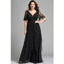 Flycurvy Plus Size Mother Of The Bride Black Chiffon V Neck Flutter Sleeve Lace Maxi Dress