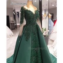Elegantes Hunter Green Abendkleid Arabisch Dubai Frauen Formelle Anlässe Kleider Lange Ärmel Perlen Spitze Luxus Prom Wear Maßgeschneidert