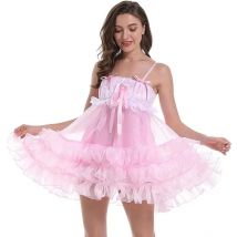 Erwachsener französischer sexy Hosenträger mit rosa Spitzen einlage und Patchwork-Organza-Kleid, mehr schicht iger, plissierter Saum