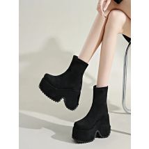 Retro square toe elastic boots with 10cm height increase, 2024 autumn and winter mid length comfortable and fashionable boots