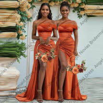 Maßgeschneiderte lange sexy Meerjungfrau Orange Brautjungfernkleider mit Schlitz Hochzeitsgast Partykleider Vestido de Madrinha de Casamento