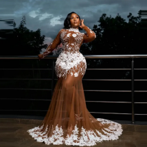 Abito da ballo taglie forti Abito lungo in tulle trasparente con maniche lunghe Abiti da ballo con perline a sirena trasparente Abiti da sera Aso Ebi