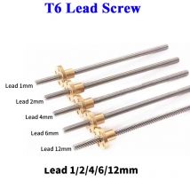 T6 Lead Screw 304 stainless steel Trapezoidal Screw lead 1/2mm/4mm/6mm/12mm Lead Screw with Brass Nut for 3D Printer
