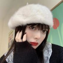 Einfarbige, bauschige, bündige Angora-Französische Baskenmütze, pelzige Künstler-Flachmütze für Damen, Mädchen, Jugendliche, Teenager