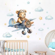1 Stück PVC selbstklebende Wandaufkleber für Kinderzimmer Dekoration für Jungen Schlafzimmer Cartoon Flugzeug Astronaut Bär Wandtattoos