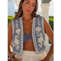 HH Frauen Casual Strickjacke Weste Elegante Blumen Stickerei Abgeschnitten Weste 2024 Frau Neue Mode Streetwear Tops Westen