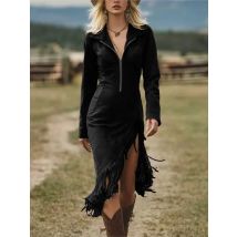 Fashion Tassel Dress For Women Vintage Long Sleeve Turn-down Collar Zip Slim Package Hip Vestidos Dresses Lady Solid Clothes New