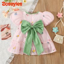 Sommer Kinder Neue Zurück Bogen Blume Stickerei Kurzarm Solide Rundhals 0-3 Jahre Alte Mädchen Kleid