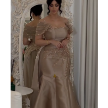 Champagne Mermaid Prom Dresses Long for Arabic Women 2025 Square Neckline Beading Crystal Satin Formal Evening Gowns Customized