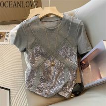 Fake 2 Pieces sequins T Shirt for Women Summer Lace Patchwork T-shirts Korean Fashion Sweet Short Sleeve Tops