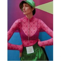 Sexy Top Women Long Sleeve Korean Sweet Spicy Hollow Out Mesh Plush Moon Print Perspective Design Mushroom Edge Tight Tshirt
