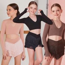 ZYM Girls Latin Dance Clothes Long Sleeves Tops Fringe Skirt Kids Cha Cha Rumba Samba Dance Practice Wear Training Dress NV21738